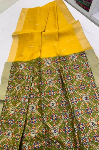 yellow color khadi art silk saree with contrast blouse