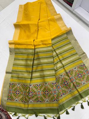 yellow color khadi art silk saree with contrast blouse 4