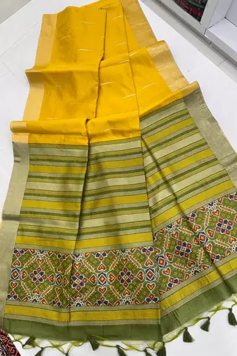yellow color khadi art silk saree with contrast blouse