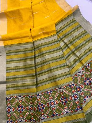 yellow color khadi art silk saree with contrast blouse 5