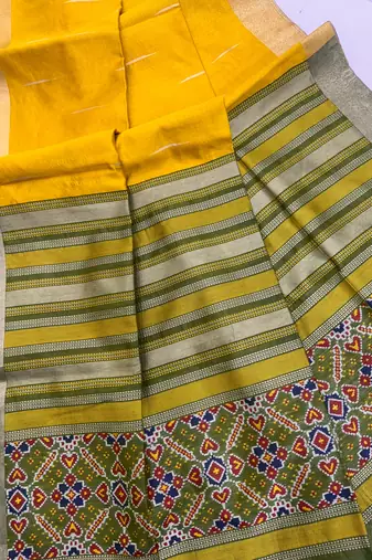 yellow color khadi art silk saree with contrast blouse
