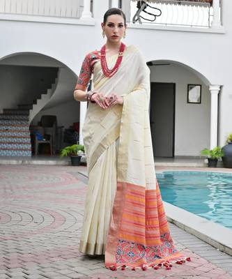 white color khadi art silk saree with contrast blouse 1