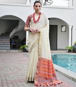 white color khadi art silk saree with contrast blouse