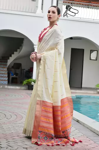white color khadi art silk saree with contrast blouse
