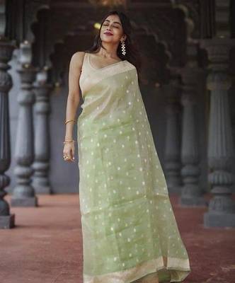 Light green linen slub jaquard designer saree with blouse 3