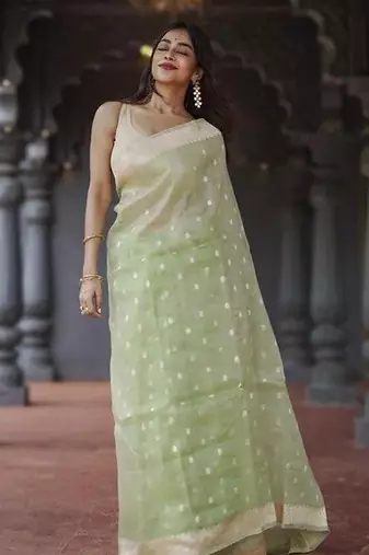 Light green linen slub jaquard designer saree with blouse