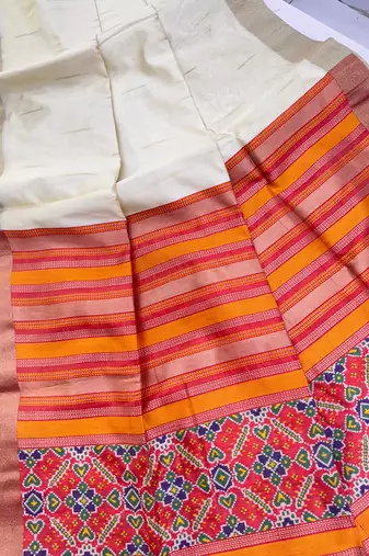 white color khadi art silk saree with contrast blouse