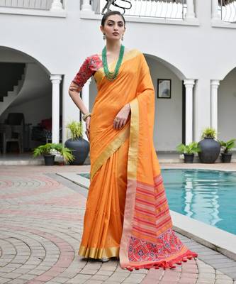 orange color khadi art silk saree with contrast blouse 1