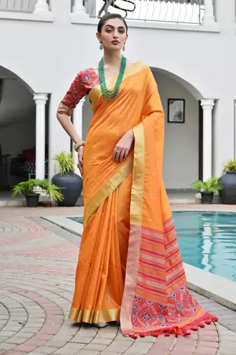 orange color khadi art silk saree with contrast blouse