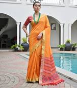 orange color khadi art silk saree with contrast blouse