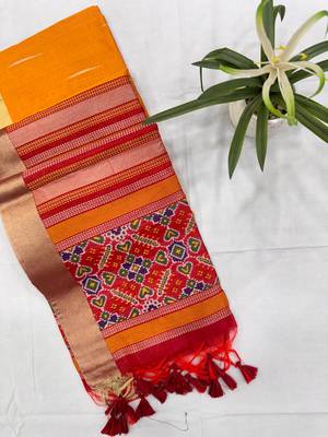 orange color khadi art silk saree with contrast blouse 3