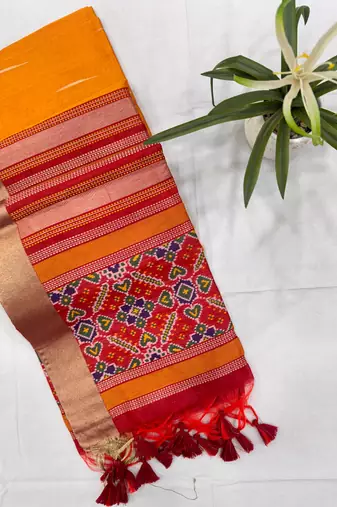 orange color khadi art silk saree with contrast blouse