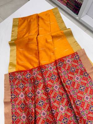 orange color khadi art silk saree with contrast blouse 4