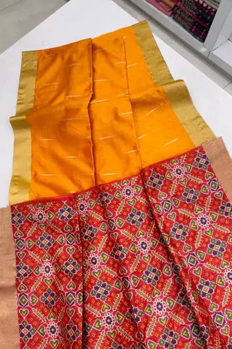 orange color khadi art silk saree with contrast blouse