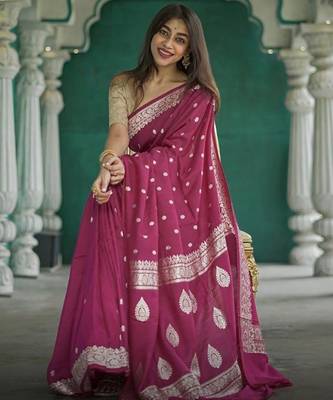 Dark purple linen slub jaquard designer saree with blouse 4