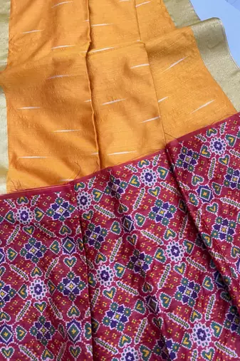 orange color khadi art silk saree with contrast blouse