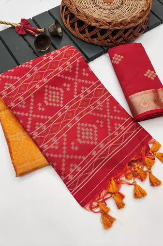 yellow color printed art silk saree with contrast blouse