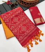 yellow color printed art silk saree with contrast blouse