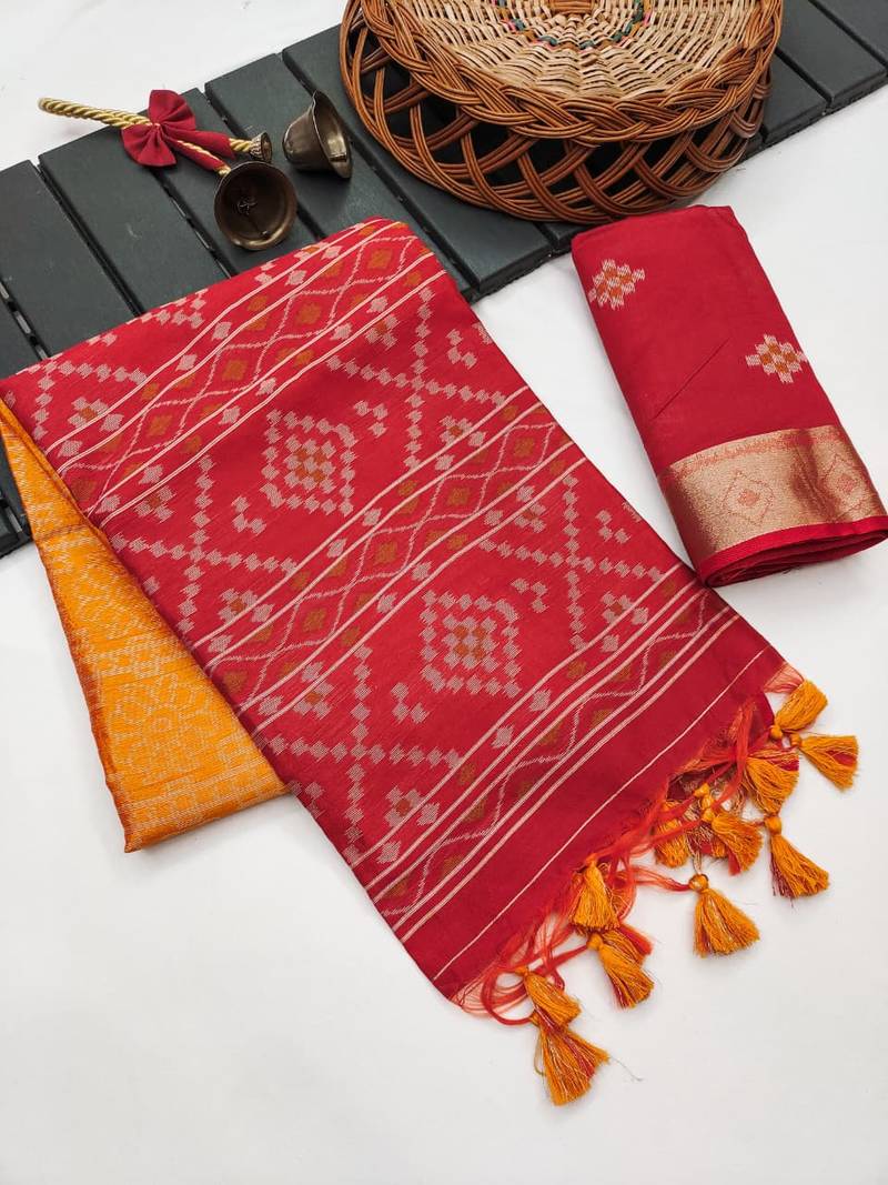 yellow color printed art silk saree with contrast blouse