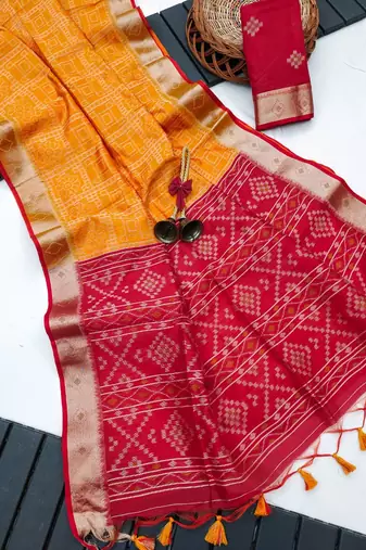 yellow color printed art silk saree with contrast blouse