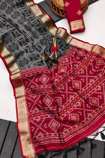 black color printed art silk saree with contrast blouse