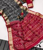 black color printed art silk saree with contrast blouse