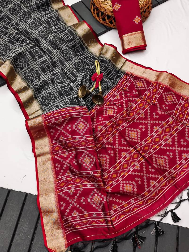 black color printed art silk saree with contrast blouse