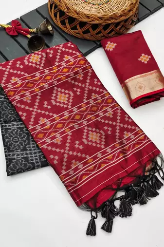 black color printed art silk saree with contrast blouse