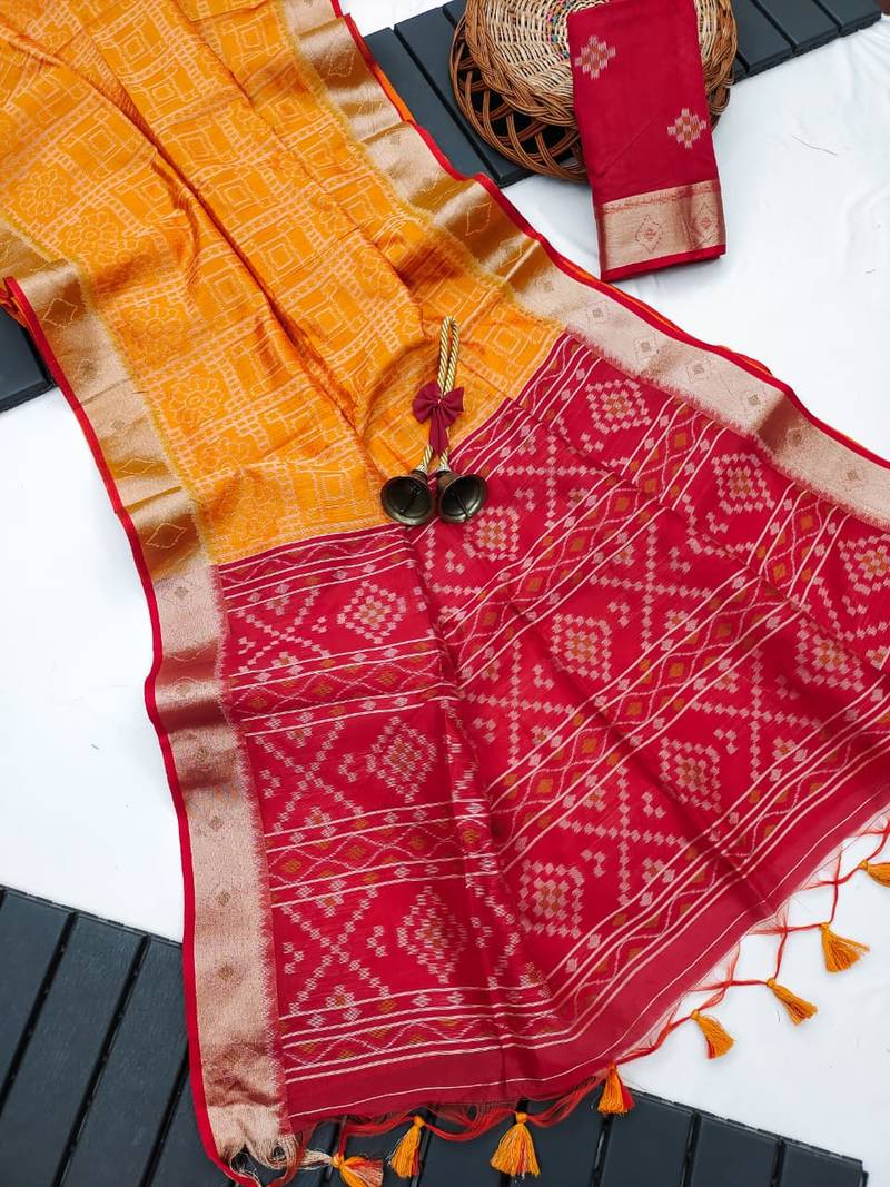 orange color printed art silk saree with contrast blouse