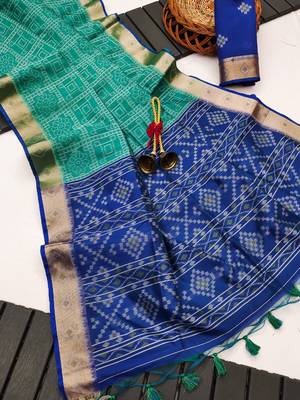 blue color printed art silk saree with contrast blouse 1