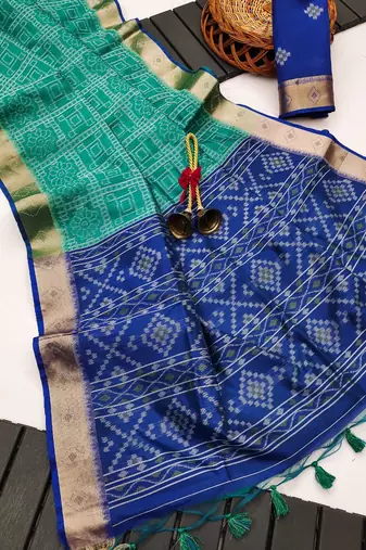 blue color printed art silk saree with contrast blouse