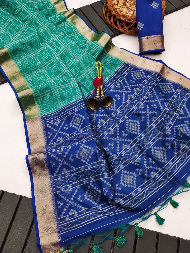 blue color printed art silk saree with contrast blouse