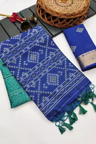 blue color printed art silk saree with contrast blouse