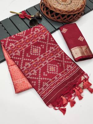 peach color printed art silk saree with contrast blouse 1