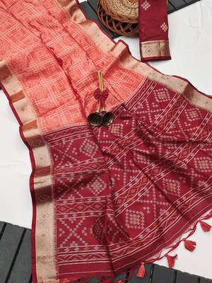 peach color printed art silk saree with contrast blouse 2