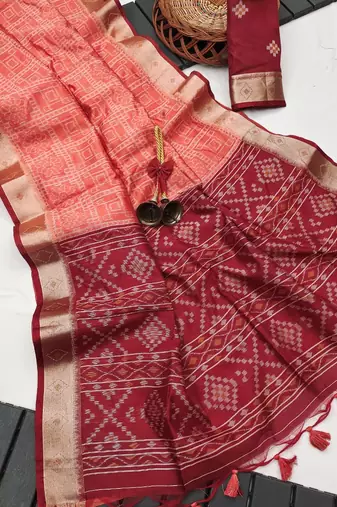peach color printed art silk saree with contrast blouse