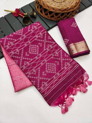 pink color printed art silk saree with contrast blouse 1