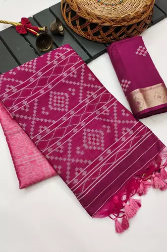 pink color printed art silk saree with contrast blouse