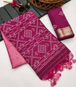 pink color printed art silk saree with contrast blouse