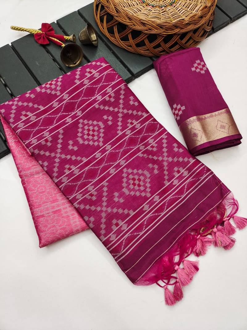 pink color printed art silk saree with contrast blouse