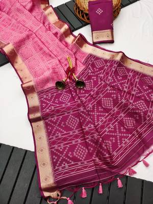 pink color printed art silk saree with contrast blouse 2