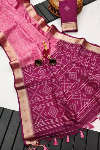 pink color printed art silk saree with contrast blouse