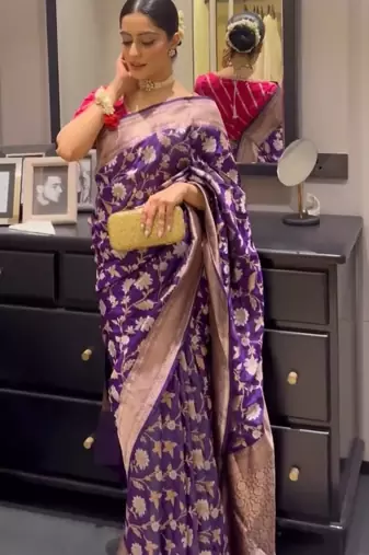 Purple silk blend banarasi jaquard designer saree with blouse