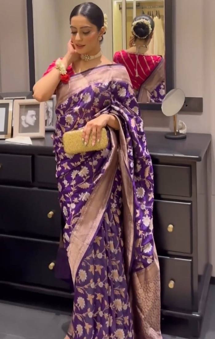 Purple soft silk blend banarasi jacuard work designer saree with blouse