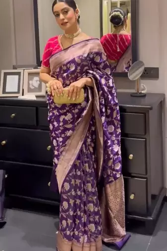 Purple silk blend banarasi jaquard designer saree with blouse