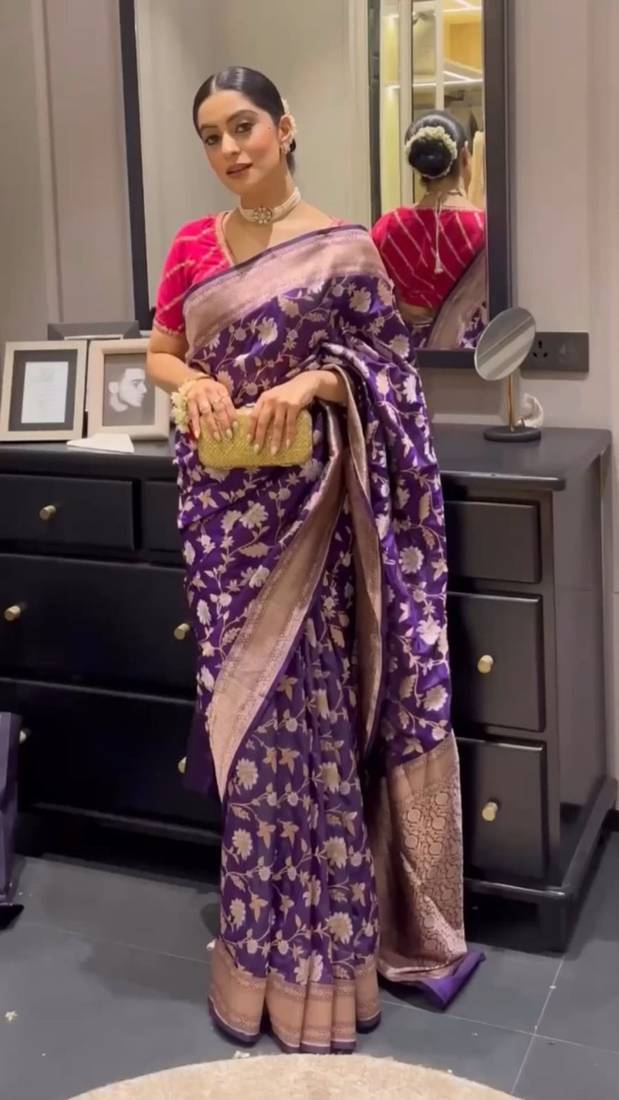 Purple soft silk blend banarasi jacuard work designer saree with blouse
