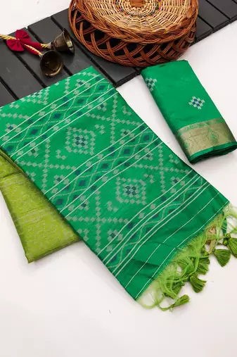 green color printed art silk saree with contrast blouse