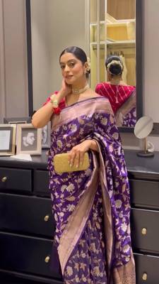 Purple silk blend banarasi jaquard designer saree with blouse 1