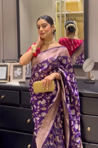 Purple soft silk blend banarasi jacuard work designer saree with blouse