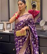Purple soft silk blend banarasi jacuard work designer saree with blouse